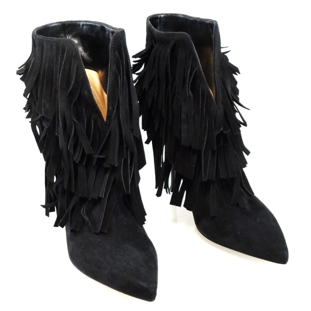 NIB$1265 SERGIO ROSSI Fringed Ankle Suede Booties Pointed Toe Stiletto Heels 37 - Picture 11 of 16